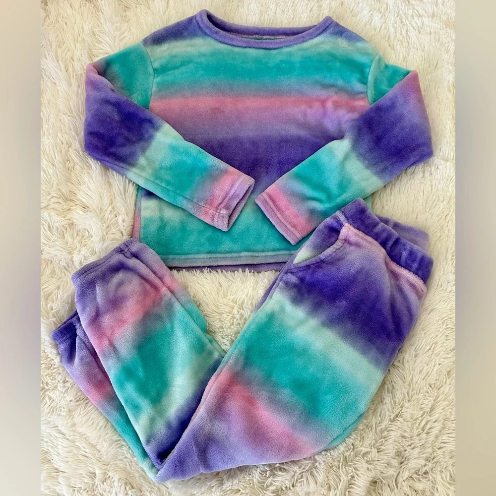 SO Girls Rainbow Stripe Plush Fleece Pajama Set Size 8 Purple Teal Pink Cozy